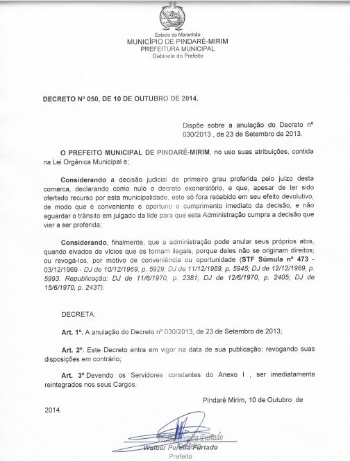 Caso das Estabilidades: Prefeitura de Pindaré publica decreto e diz que vai reintegrar funcionários que tem direito e que foram exonerados