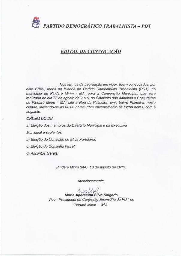 PDT de Pindaré convoca filiados para convenção municipal
