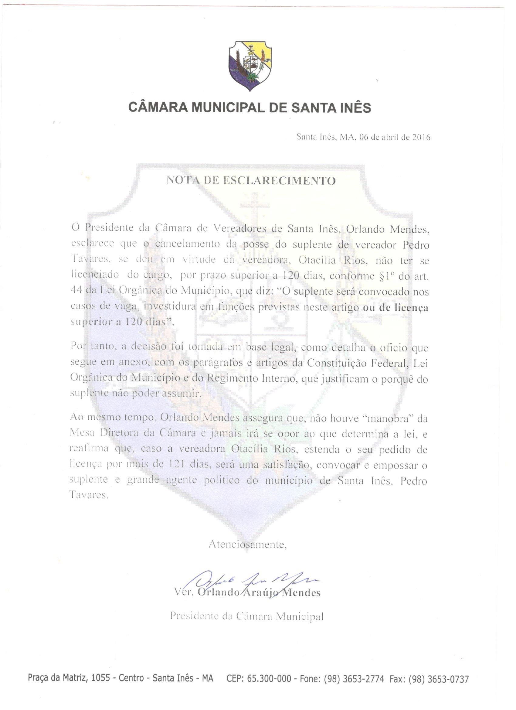 Presidente da Câmara Municipal de Santa Inês divulga nota  sobre cancelamento de posse de suplete