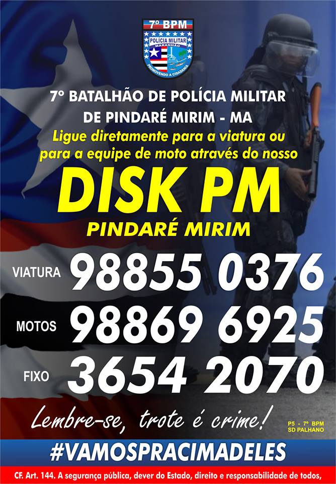 Polícia Militar divulga contatos para atendimento em Pindaré Mirim