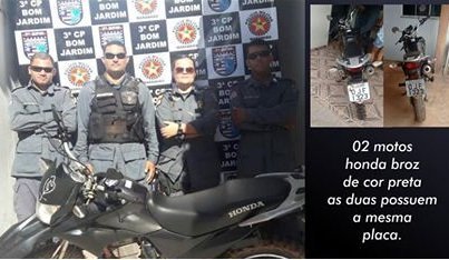 Policia Militar de Bom Jardim recupera moto clonada com placa de Açailândia