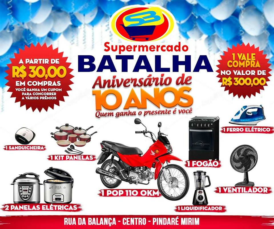 Promoção do 10º aniversário do Supermercado Batalha vai sortear uma moto 0km e vários prêmios