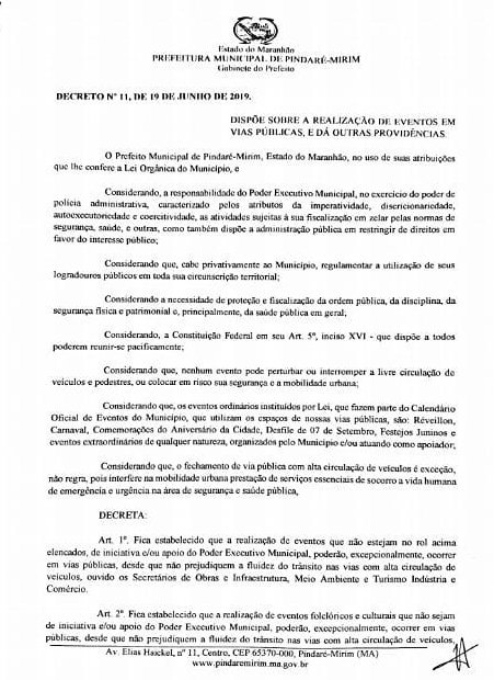Decreto proíbe realização de eventos em vias públicas cobrando ingressos em Pindaré Mirim