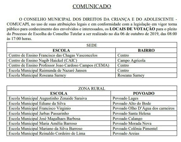 Confira os locais de votação para a escolha de novos conselheiros tutelares em Pindaré Mirim