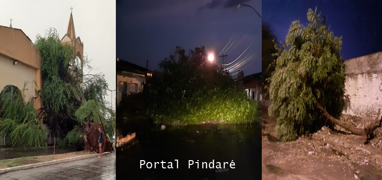 Pindaré: Janelas da Igreja Matriz são danificadas após queda de árvore; Trecho da Rua do Trilho segue bloqueado